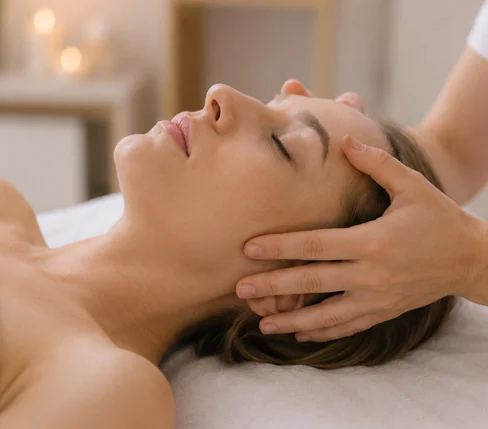 Therapeutic craniosacral session using gentle techniques to relieve stress and soft tissue pain